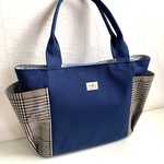 【送料無料】脇ポケット付トートバッグ☆大サイズ(グレンチェック&ネイビーブルー)