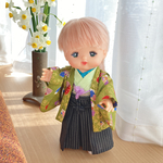 メルちゃんサイズの羽織袴セット＊扇柄羽織×薄黄着物×黒縞袴
