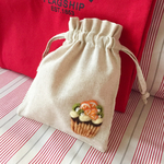 Cafe-sweets☆羊毛刺繍 コットンリネン巾着〜オレンジとキウイのカップケーキ🍊🧁🥝