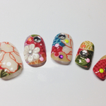 和柄ネイルチップ【モダン 花赤ベージュ】
