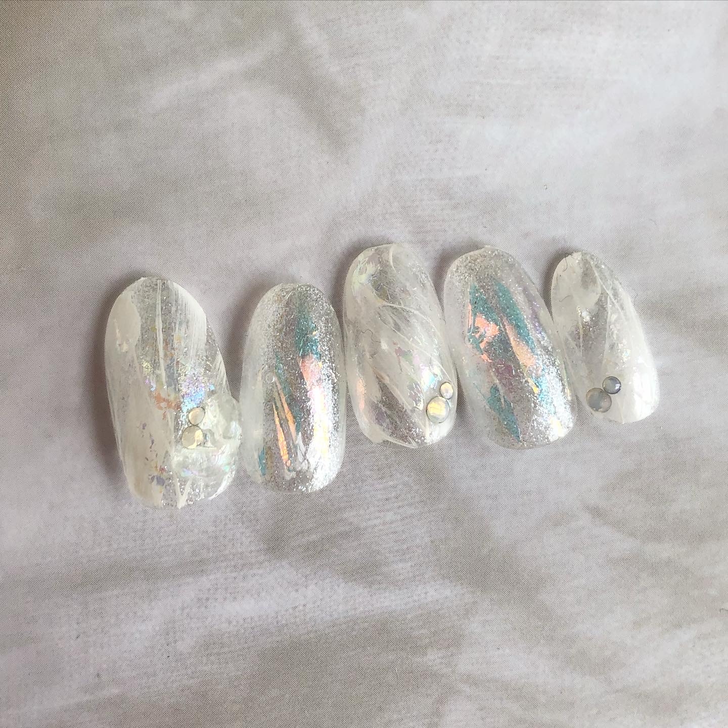 ネイルチップ ブライダル 結婚式 白 キラキラ フルオーダーネイル オーダー No.61 ホワイト×ミラーフラワー オーダーネイルチップ 成人式