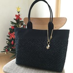 ma-cha様オーダー品トートバッグ・Ｌ☆ウール・グレーツイード×帆布黒☆チャーム付き