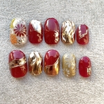 【red×gold nail 】ネイルチップ　卒業式　成人式　振袖　袴　ジェルネイル　赤　ゴールド　レッド　金　白　