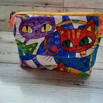フタ付きファスナーポーチ【M】(USAコットンカラフルねこ×オレンジの渦巻き模様