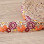 インド刺繍リボンᢂvivitサークルフラワーパープル　インド刺繍/インドリボン/刺繍リボン/シルクリボン/トリム/ブレード/ジャガード/ジャガードリボン/チロリアンテープ/レース/チュールレース