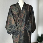 大島紬　着丈リメイク　作務衣　現品限り　鮮やか花柄　大人女子和の素敵上衣
