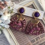 再販✨6センチ° アンティークボタンとインド刺繍リボンの ピアスorイヤリング　　パープル　紫　