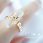 アシンメトリー クリスタル×淡水パールのオープンリング