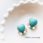 ハートターコイズ×ビジュー　ピアス　イヤリング
