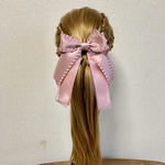 プリンセスリボンの大きなヘアリボンポニーフック　サーモンピンク　フリルサテンリボン&オーガンジー
