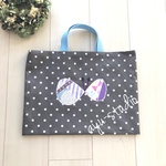 1点物❤️パッチワークレッスンバッグ  ▷◁ ちょうちょ  グレー×ドット帆布　水色