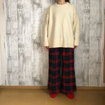 あったかウール混赤×ネイビーチェックあたたかい起毛ワイドパンツ