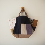 ♫　シンプル　ランダムパッチワーク　スクエアトートＢＡＧ　リネン　♫　帆布　モカブラウン
