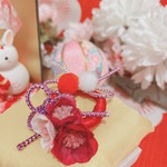 うさぎ花冠♡ひな祭りにぴったり♡桃の花耳飾り♡赤