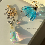 虹を作る雨　傘レジンと蓮と虹ドロップ　唐草　アシンメトリー　ピアス　イヤリング