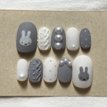 うさぎ ♡ グレー×ホワイト×ニット×マット　ネイルチップ