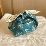＊お弁当袋　ぷっちんりぼん袋＊　綿毛のような花火のようなお花　ターコイズ