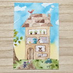 🏠透明水彩画「森の中のマンション」イラストポストカード２枚セット　猫　ネコ　クマ　ゾウ　うさぎ🏠