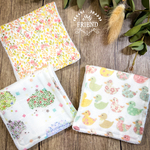 sale♡3枚set◆輸入ガーゼのハーフハンカチ(アヒル&花柄&ハリネズミ)