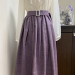 渋ラベンダー紫　絹紬タックフレアスカート　着物リメイク　白バックルベルト付　76