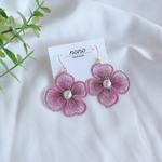 刺繍フラワーピンクパールピアス/イヤリング サージカルステンレス nonoacs オーガンジー 大ぶり