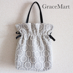 新作刺繍布の巾着ポシェット　巾着バッグ　2way グレー花柄
