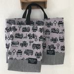 【再販】２点set✴︎🚗くすみブラウンのレトロカー×ヒッコリーデニム【レッスンバッグ✴︎シューズ入れ】✴︎キルト