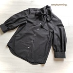 sale!値下ふんわりギャザー袖リボンブラウス＊焦げ茶に三角ドット8〜9分袖卒業入学式