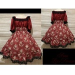 1点物*クラシカルローズ シャーリングワンピース★薔薇ブーケ/エンジ×ブラック×黒レース(即納品)