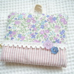 紫花柄×ピンクストライプ　アクセサリーポーチ