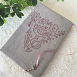 刺繍ブックカバー文庫本　鳥と草花グレー