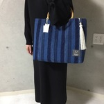【再販ご依頼品N様用】ニッポンていいなあ！藍染リングバッグ備後絣（バンブー持ち手）