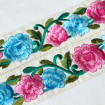 インド刺繍リボンᢂブライトフラワー　ピンク/ブルー系　インドリボン/刺繍リボン/刺繍/リボン/シルクリボン/トリム/ブレード/ジャガードリボン/レース/チュール/インド