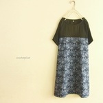 ダブルガーゼ×Cloud9 Fabrics『sashiko bird』ポンチョ。バイカラーワンピース【М】