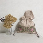 ワンハンドル　インド刺繍ピンクベージュニット巾着BAG A