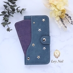 【iPhone・GALAXY・Xperia・AQUOS】シルバー&ゴールド星スタッズ☆インディゴブルー手帳型ケース