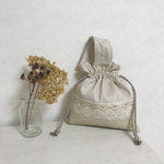 ワンハンドル　インド刺繍ホワイトグレージュ巾着BAG 　A