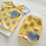 こども服と犬服おそろい　ポップコーン柄　半袖　飾りポケット付　半袖１００　犬服胴まわり４６