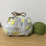 [送料無料] 大きめ巾着 ☆  プロジェクトバッグにおススメ ミモザ柄 薄グレー ハーフリネン&ストライプ&ドット柄オックス check&stripe rickrack 春色 
