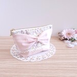 【ラスト1点】リボンとパールの華やかポーチ＊ピンク
