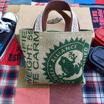 コーヒー豆麻袋バッグ/Rain forestalliance自然保護グリーンステンシル+英字グレーベージュ帆布×リーフカモフラソフト帆布トートバッグ