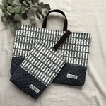 ntmさま専用　キルティング大きめレッスンバッグ＆上履き入れ  白グレーブロック×リアルデニム