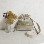 2WAY インド刺繍　ホワイトグレージュ巾着ショルダーバッグ　A