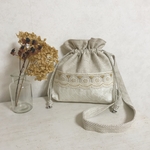 2WAY インド刺繍　ホワイトグレージュ巾着ショルダーバッグ　B