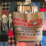 コーヒー豆麻袋バッグ/JeronimoUSA /northern feed レッド＆ブルー英字ステンシルカモフラ帆布×素敵なハイビスカスコットントートバッグ