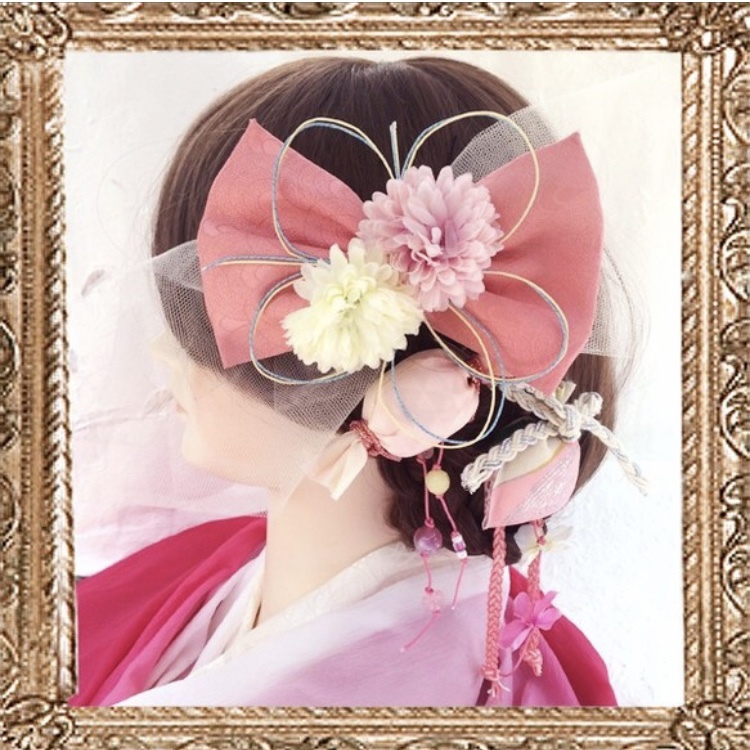 卒業式　成人式　結婚式　髪飾り　リボン　 赤　大正ロマン　小梅ちゃんのふわっと御祝いセット(リボン×飴玉×巾着)　全3種