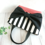 大人可愛い ♡ ピンクレザー と ストライプ の でかりぼんミニトートバッグ