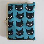 【再販ラスト】がま口ブックカバー（黒猫フェイス／グリーン）