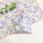 再】夢カワ パープル ペガサスと虹柄 40×60 ランチョンマット＆巾着袋 給食セット 女の子 パステルカラー　ボタンループ付き ランドセルフック