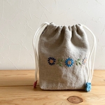 手刺繍リネンの巾着袋